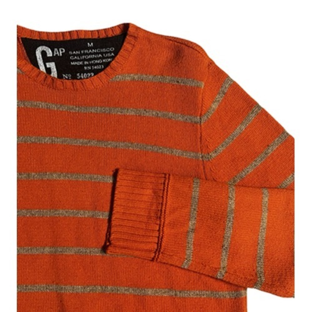 Vintage Gap Sweater Mens Medium Orange‎ Stripe Crew Neck Knit Long Sleeve
